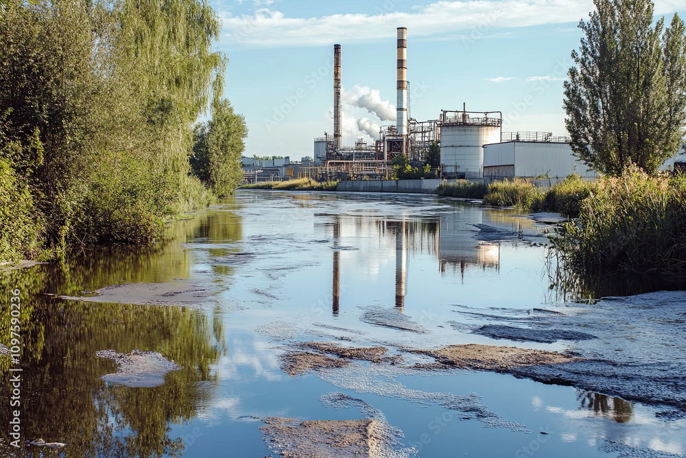 Toxic water release into river, industrial pollution impact