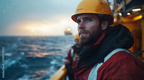 Focused offshore worker in yellow helmet and red workwear on a ship, gazing into stormy seas at dusk. A glimpse of resilience and maritime expertise. photo