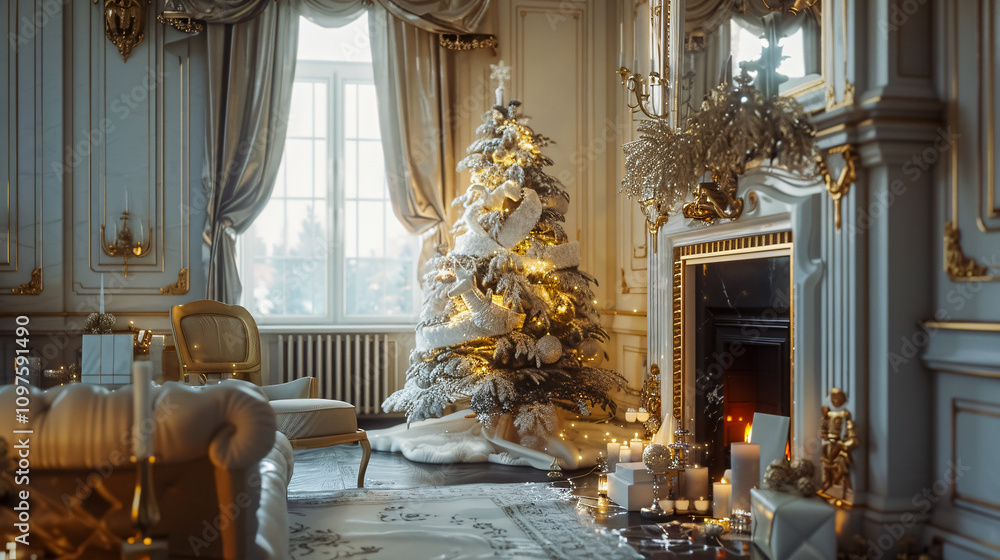 A tranquil interior scene featuring a classic New Year�s tree decorated in a room with a fireplace. A tranquil interior scene featuring a classic New Year�s tree decorated in a room with a fireplace.