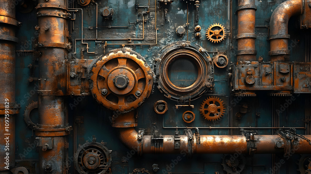 Industrial pipes and gears mechanical workshop high-resolution image rusty environment close-up view vintage aesthetic Industrial pipes and gears mechanical workshop high-resolution image rusty environment close-up view vintage aesthetic