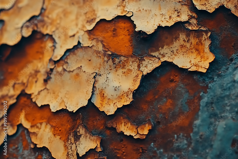 Obraz premium Rusty metal surface with peeling paint and rich texture in warm tones showcasing decay and age