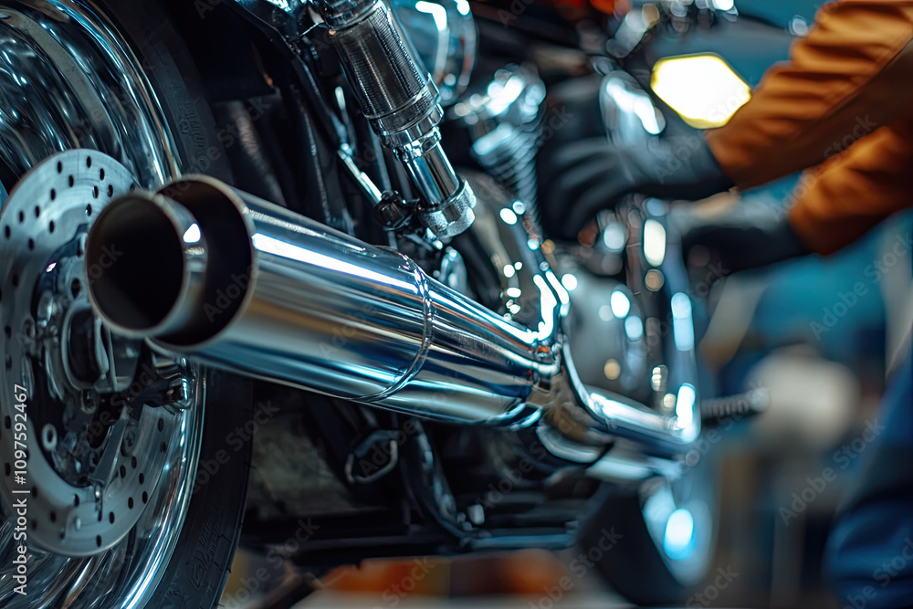 Fototapeta premium Motorcycle exhaust pipes being polished to a mirror shine