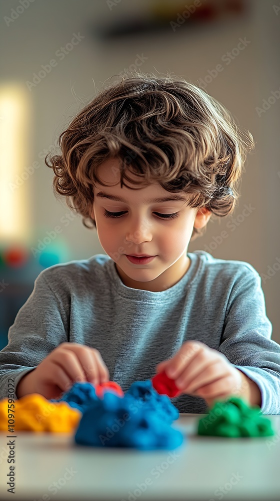 Focused Young Boy Experimenting with Playdough for Creative Skill Development : Generative AI