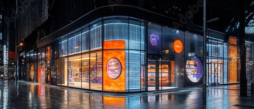 Modern retail store at night, illuminated windows showcasing products.