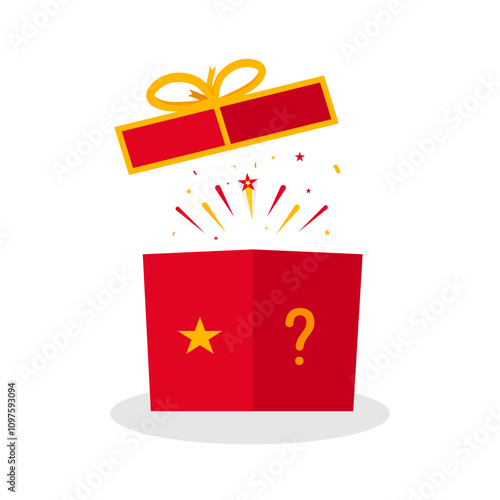 Surprise red gift box with fireworks and star decoration. Mystery gift box flat design with question mark. birthday celebration, special give away package, Open gift box, flat illustration