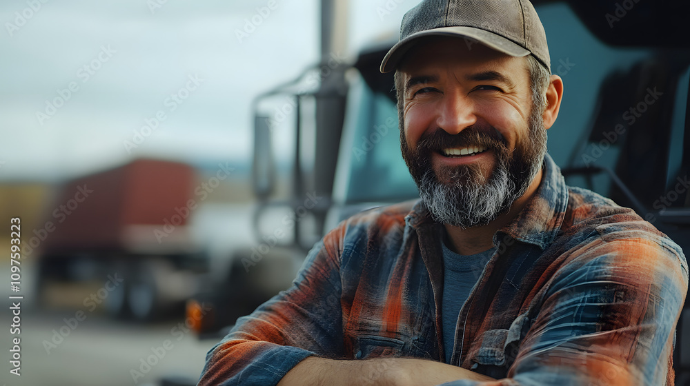Fototapeta premium cheerful truck driver in a plaid shirt and cap stands confidently beside his truck, showcasing pride and dedication in the trucking profession.