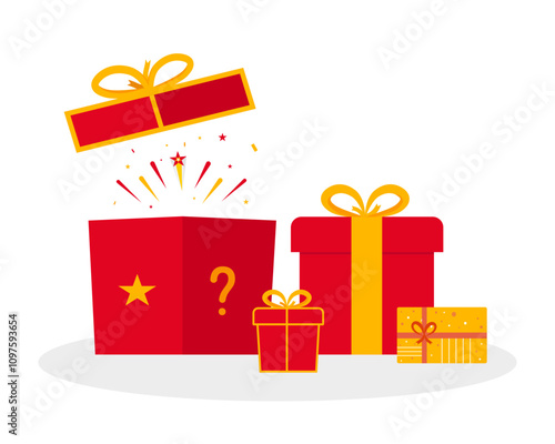 Gifts and presents for holiday celebration and special sales offer. surprise red gift box, birthday celebration, special give away package, loyalty program reward, wonder gift with exclamation mark,