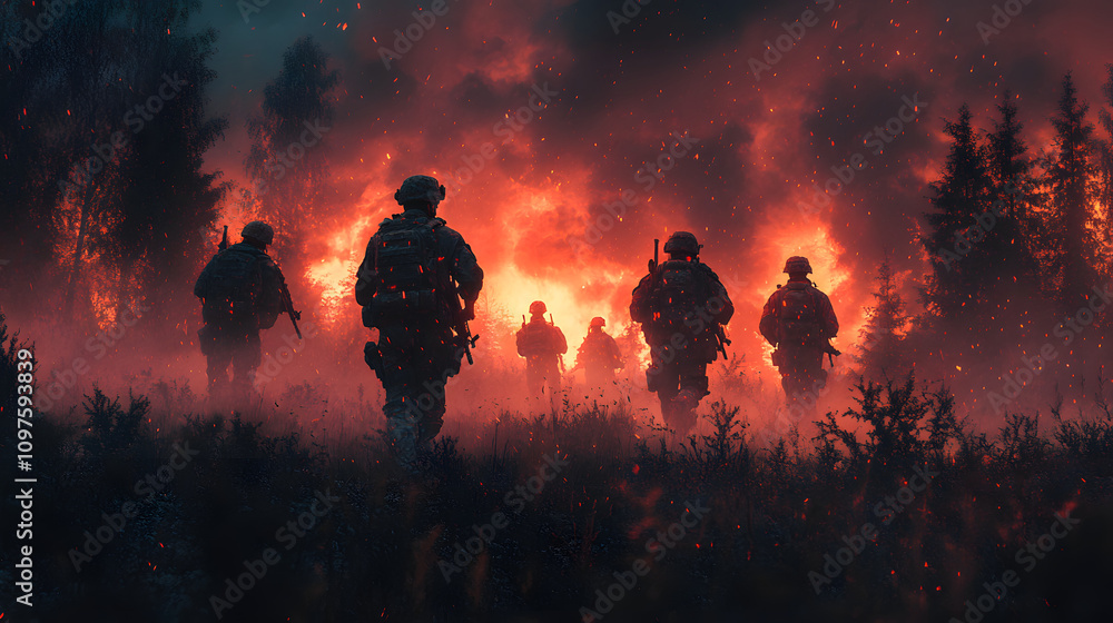 dramatic scene of silhouetted soldiers walking through a fiery forest engulfed in flames, creating an intense and cinematic atmosphere. dramatic scene of silhouetted soldiers walking through a fiery forest engulfed in flames, creating an intense and cinematic atmosphere.