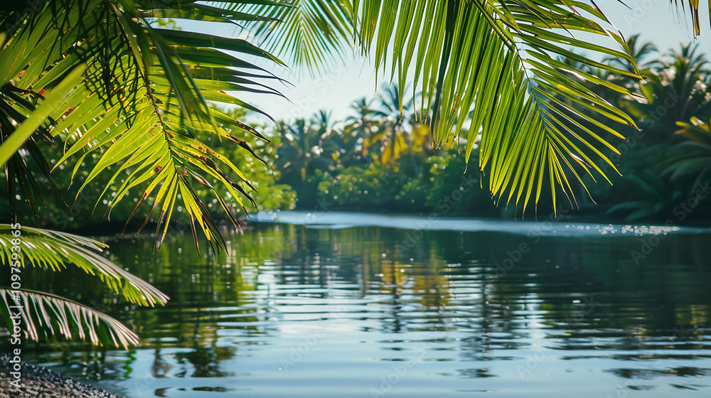 A tranquil riverbank, where the gentle breeze causes tropical leaves to cast mesmerizing shadows on the calm, reflective water. A tranquil riverbank, where the gentle breeze causes tropical leaves to cast mesmerizing shadows on the calm, reflective water.