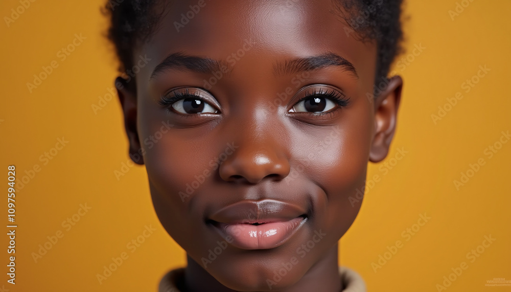 Portrait of a Smiling Young Woman with Radiant Skin on a Vibrant Yellow Background. Portrait of a Smiling Young Woman with Radiant Skin on a Vibrant Yellow Background.