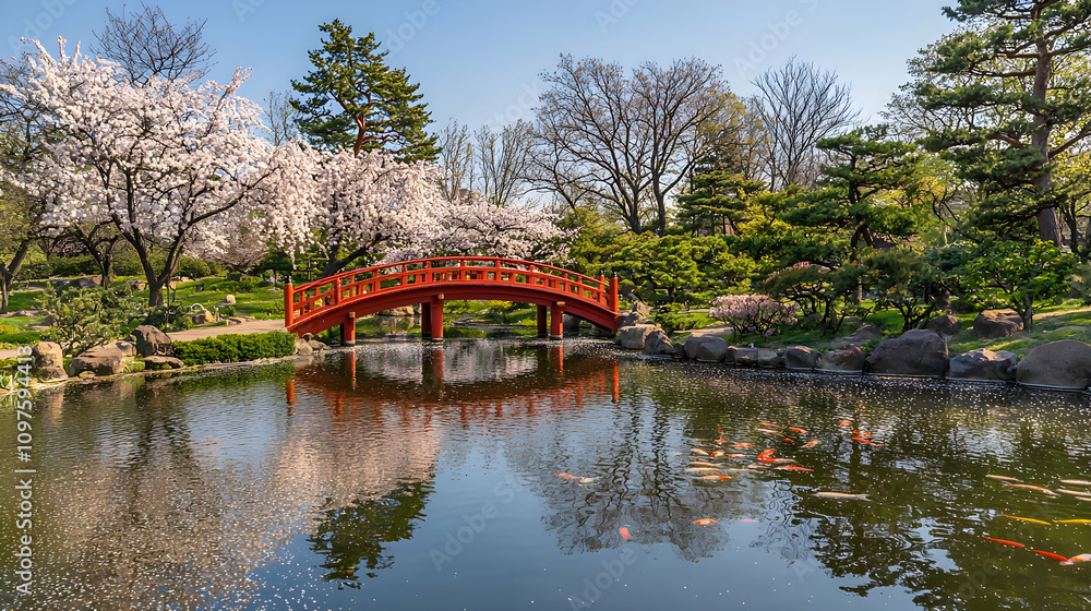 Serene Japanese Garden with Elegant Red Bridge Serene Japanese Garden with Elegant Red Bridge