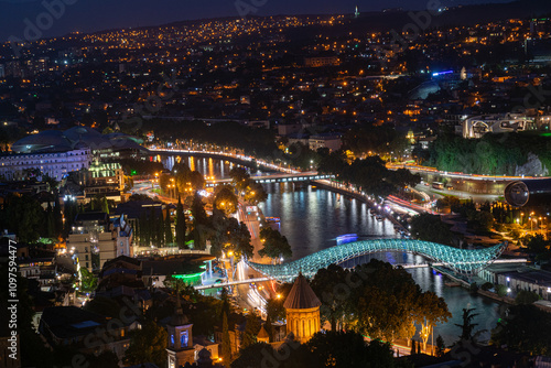 Obraz na płótnie view from above of Tbilisi city in the dark, night landscape w salonie