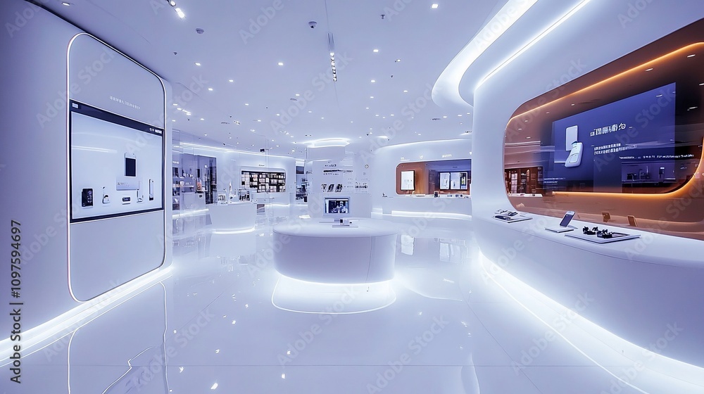 Modern showroom interior with futuristic design, showcasing technology products on display. Modern showroom interior with futuristic design, showcasing technology products on display.