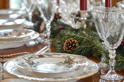 Holiday Table Setting with Pine Garland and Wine Glasses