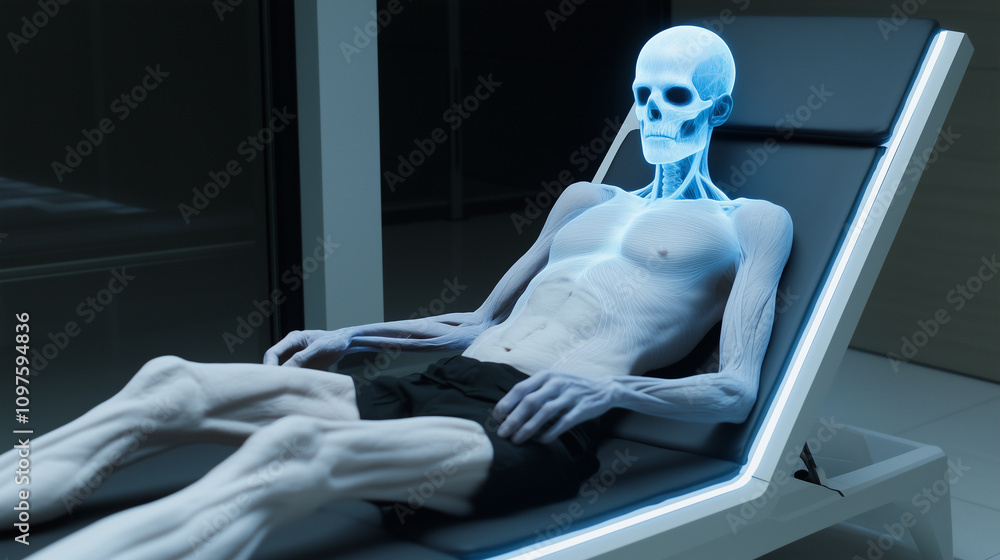 Dark sci-fi horror of a skeleton in a glowing high-tech sunbed or medical device, hinting at resurrection or experimentation, creating an eerie fusion of futuristic innovation and death Dark sci-fi horror of a skeleton in a glowing high-tech sunbed or medical device, hinting at resurrection or experimentation, creating an eerie fusion of futuristic innovation and death