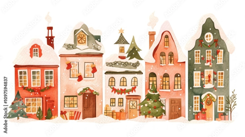 Naklejka premium Christmas five houses christmas illustration decorations.