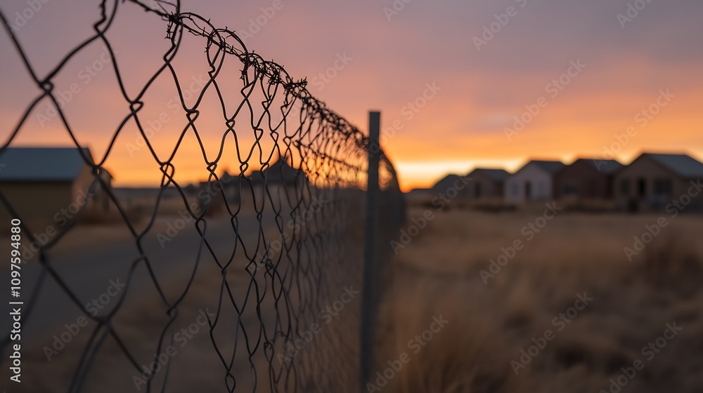 Sunset Silhouette of Chain Link Fence near Rural Homes with Beautiful Sky : Generative AI Sunset Silhouette of Chain Link Fence near Rural Homes with Beautiful Sky : Generative AI