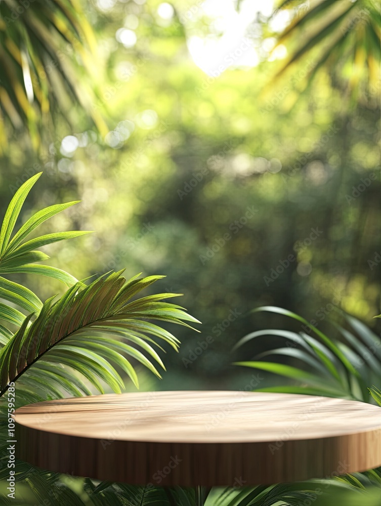 Minimal podium table top outdoors blur green leaf tropical forest plant background.beauty cosmetic healthy natural product placement pedestal display. Minimal podium table top outdoors blur green leaf tropical forest plant background.beauty cosmetic healthy natural product placement pedestal display.