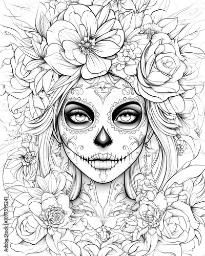 A woman with a skeleton on her face and flowers in her hair