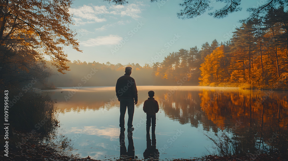 silhouette of a father and child standing by a calm lake, surrounded by vibrant autumn foliage and soft morning light, reflecting the serene beauty of nature silhouette of a father and child standing by a calm lake, surrounded by vibrant autumn foliage and soft morning light, reflecting the serene beauty of nature