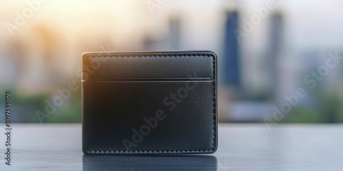 Deposit online banking platforms chic wallet, modern minimalist, sleek black leather, front view focus, with soft-focus urban skyline backdrop.