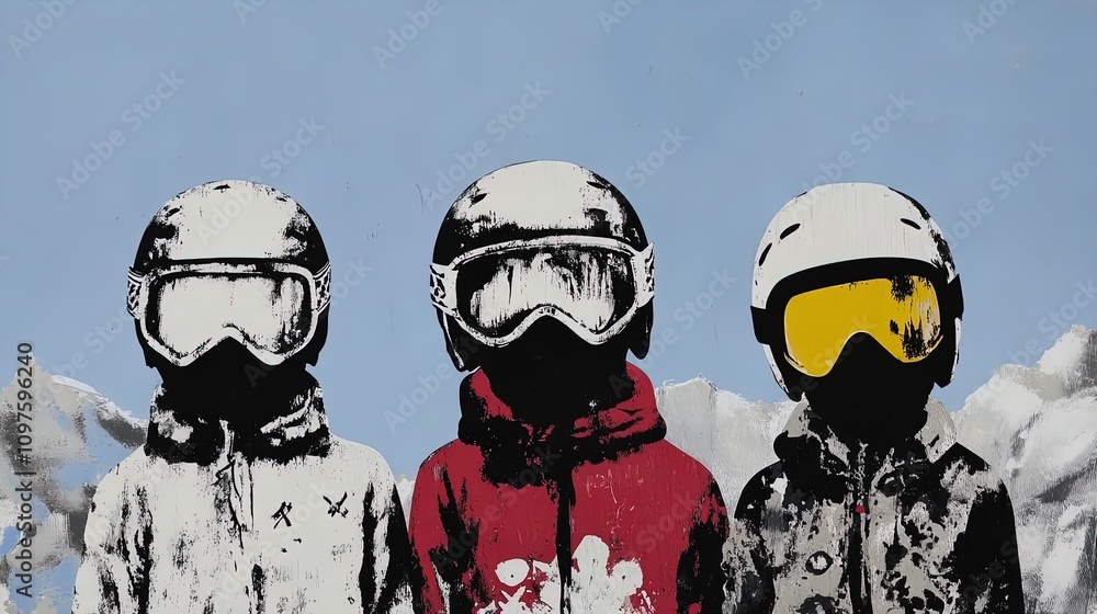 Fototapeta premium Vibrant Alpine Adventure: Three Skiers in Colorful Insulated Jackets with Reflective Goggles - Perfect for a Sports Interior Poster to Inspire Adventure Enthusiasts!