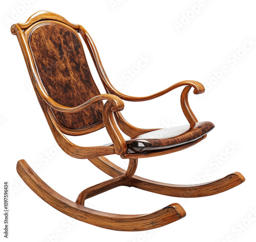 Classic wooden rocking chair with curved legs for relaxation isolated on transparent background photo