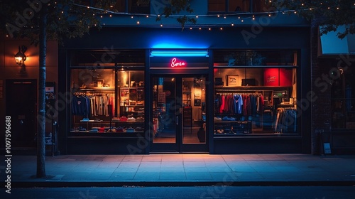 Night view of a stylish clothing boutique with neon sign.