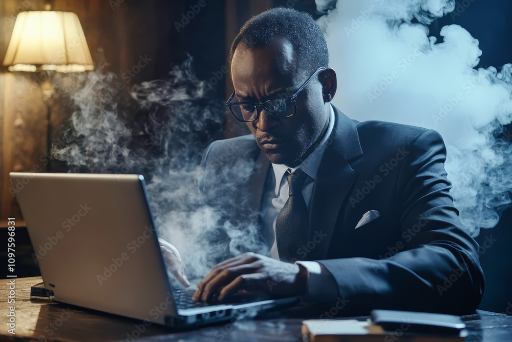 African American businessman working intently on his laptop in a dimly lit room surrounded by swirling smoke at night African American businessman working intently on his laptop in a dimly lit room surrounded by swirling smoke at night