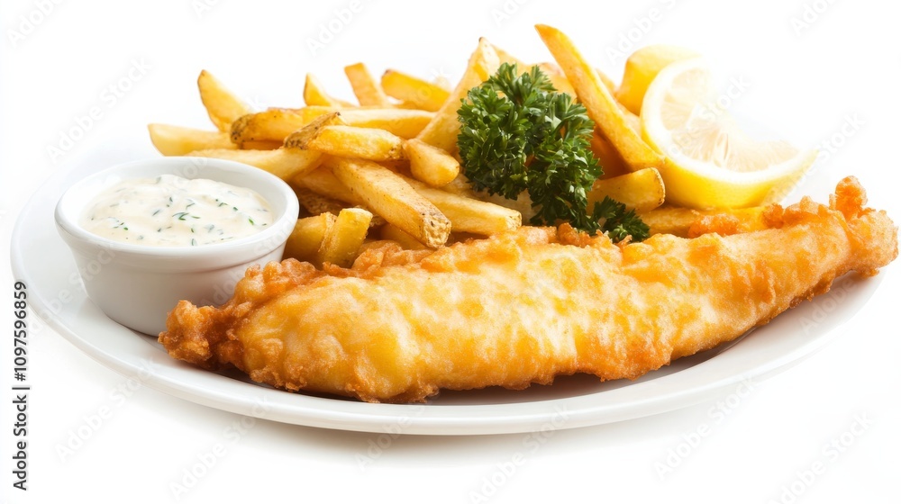 A plate of crispy fish and chips served with a side of tartar sauce and lemon wedges, Each bite a perfect balance of crunchy batter and tender fish A plate of crispy fish and chips served with a side of tartar sauce and lemon wedges, Each bite a perfect balance of crunchy batter and tender fish