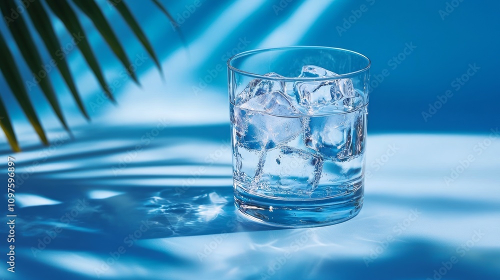 Clear glass of water with ice cubes, set against a blue background with shadows and tropical leaves. Clear glass of water with ice cubes, set against a blue background with shadows and tropical leaves.