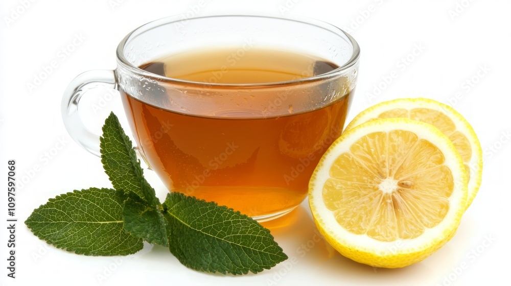 Cup of tea with lemon and mint leaves on white isolated background. Cup of tea with lemon and mint leaves on white isolated background.