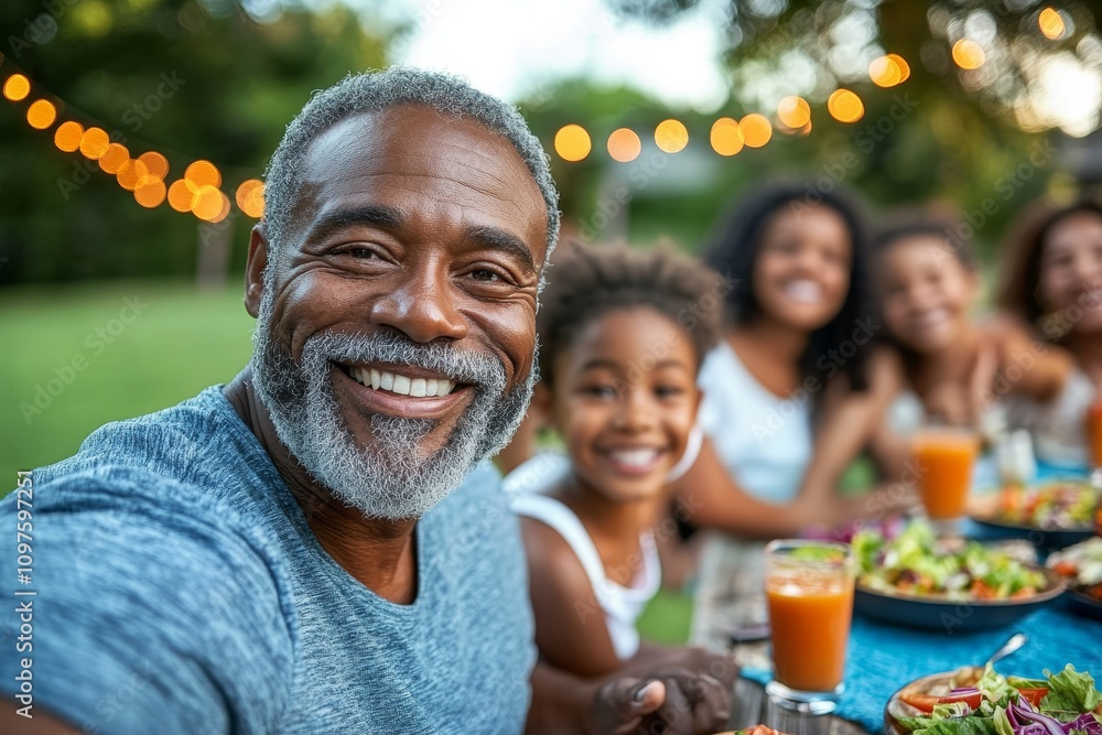Obraz premium Joyful African-American Family Backyard Barbecue Celebration with Food and Smiles