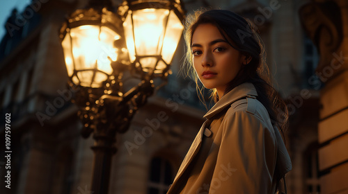 Wallpaper Mural Mexican model in stylish trench coat, standing under large ornate street light in city center - Modern and refined, cool evening light Torontodigital.ca