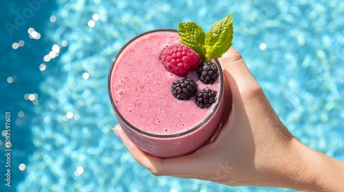 Refreshing berry smoothie held in hand, perfect for summer, against a sparkling blue pool backdrop.