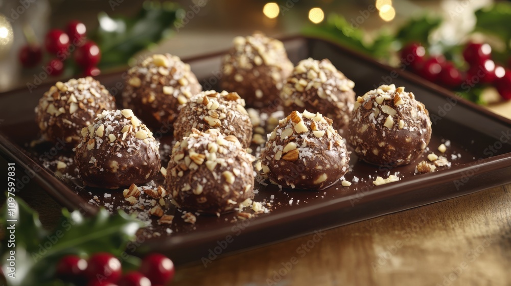 A batch of homemade chocolate truffles, rolled in cocoa powder, crushed nuts, and shredded coconut, displayed on a festive tray with holly leaves and red berries A batch of homemade chocolate truffles, rolled in cocoa powder, crushed nuts, and shredded coconut, displayed on a festive tray with holly leaves and red berries