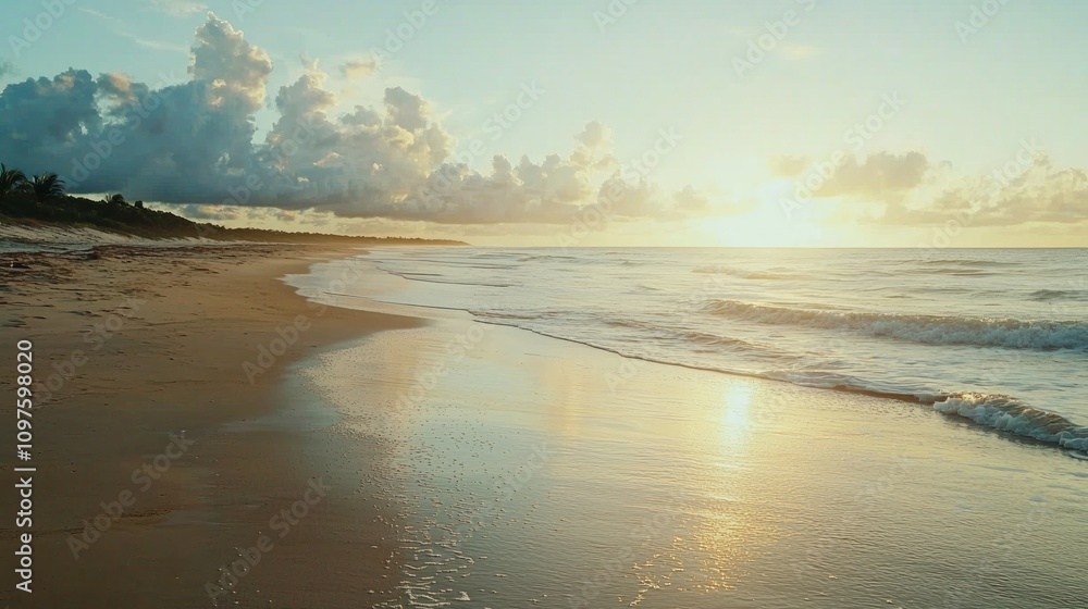 Obraz premium A quiet, serene beach at sunrise with soft morning light illuminating the coastline and wet sand