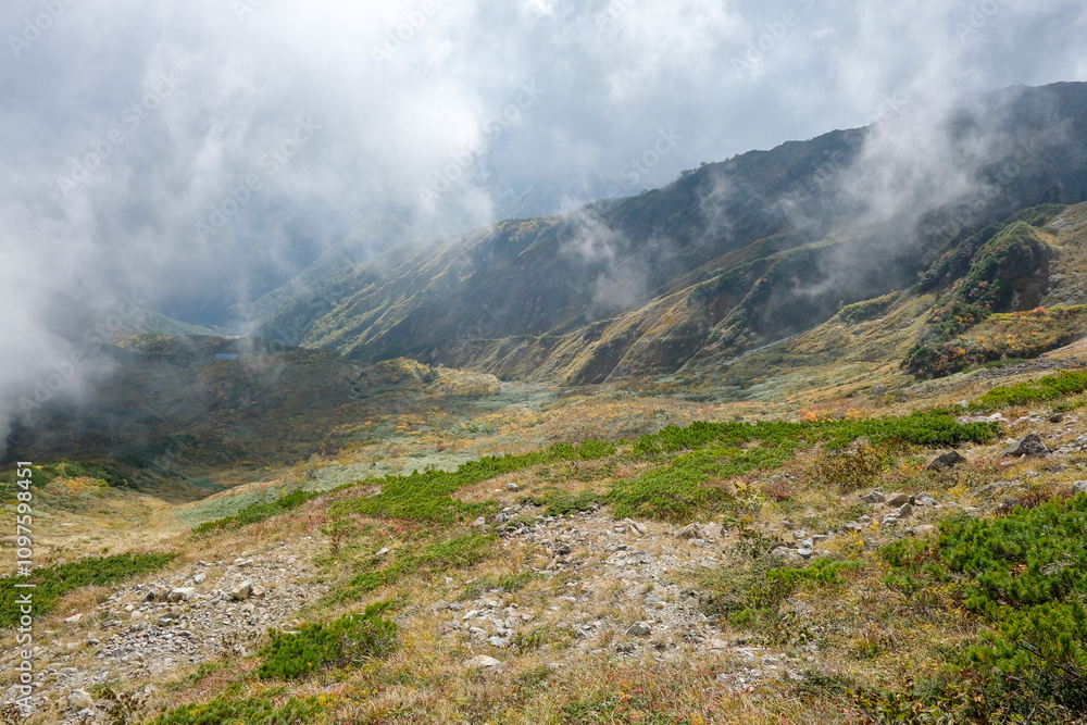 Happo Alpen Line Nature trail, Hakuba, Nagano, Japan, Mountain landscape with clouds and greenery Happo Alpen Line Nature trail, Hakuba, Nagano, Japan, Mountain landscape with clouds and greenery
