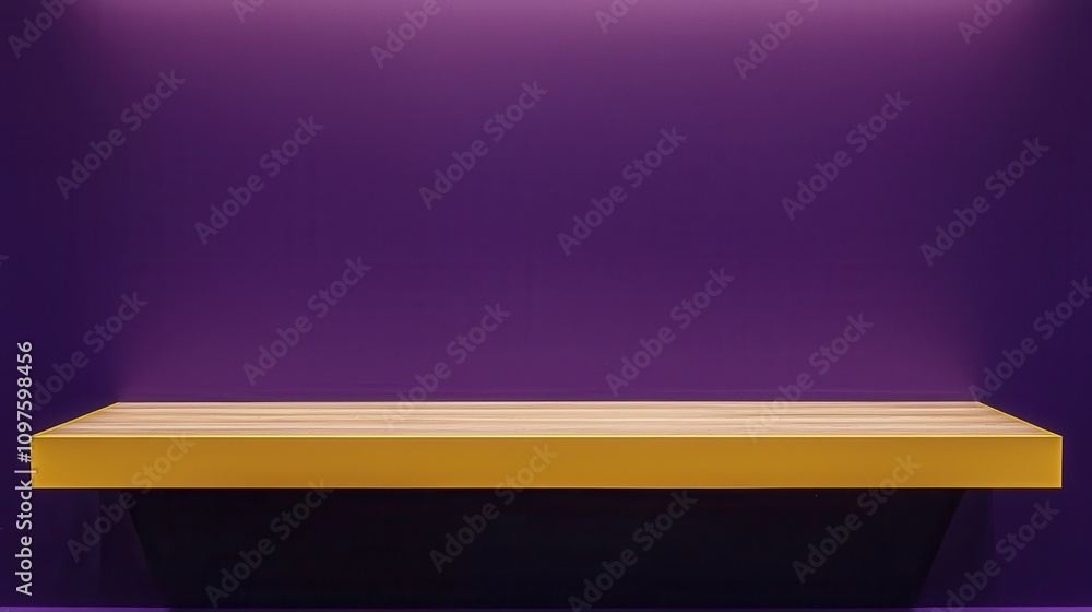 Modern minimalist display with a vibrant purple backdrop and a sleek yellow tabletop for creative showcase. Modern minimalist display with a vibrant purple backdrop and a sleek yellow tabletop for creative showcase.