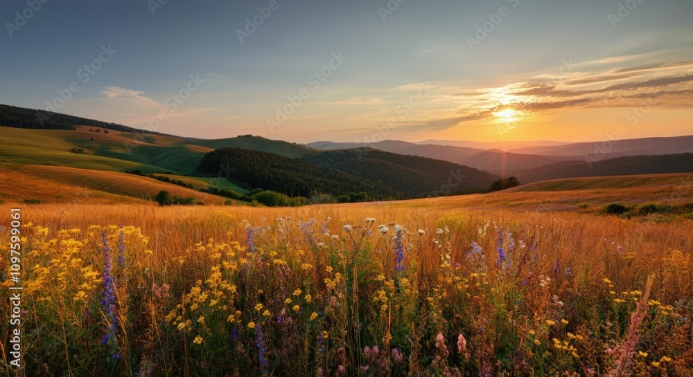 Fototapeta premium Sunset over Rolling Hills and Wildflower Meadow