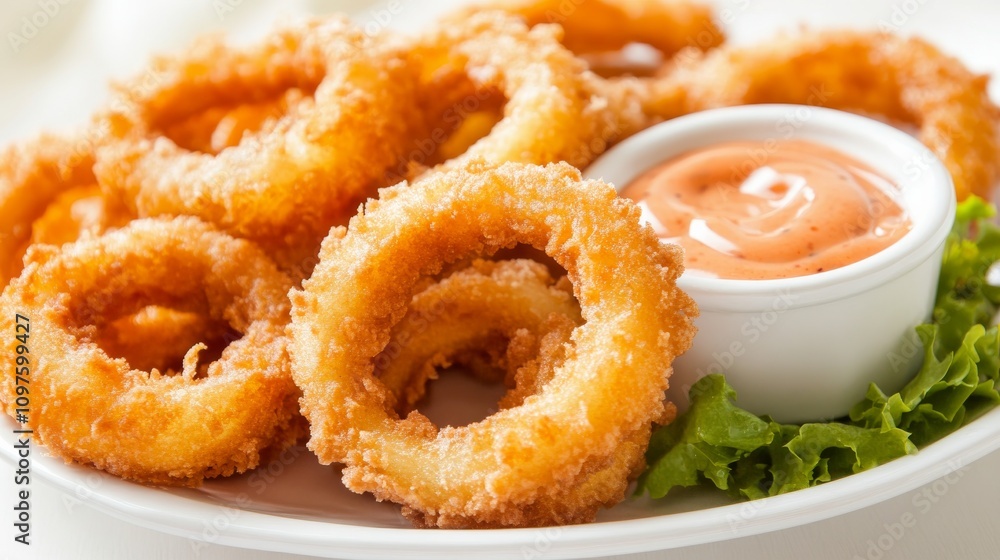 A plate of crispy onion rings served with a side of spicy sriracha mayo for dipping, Each ring golden brown and crunchy A plate of crispy onion rings served with a side of spicy sriracha mayo for dipping, Each ring golden brown and crunchy