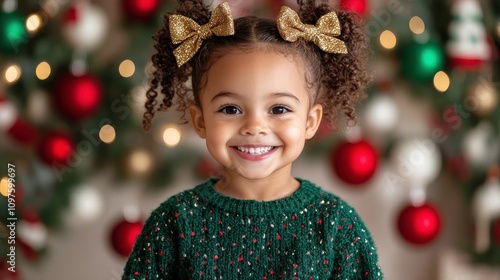 Smiling Black girl with curly hair wearing a festive sweater and golden bows in front of a holiday backdrop.
