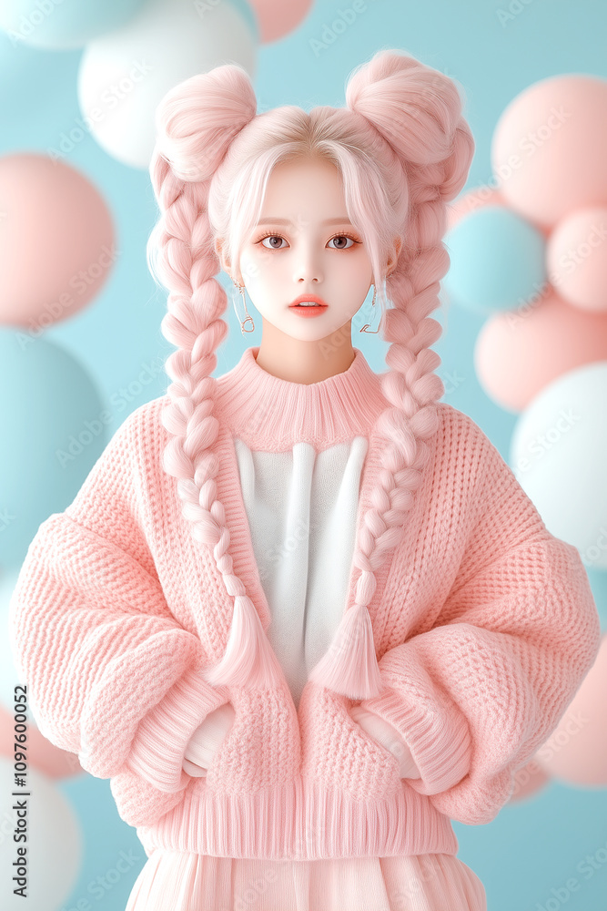 Fototapeta premium A girl with pink hair and a pink sweater stands in front of a bunch of pink