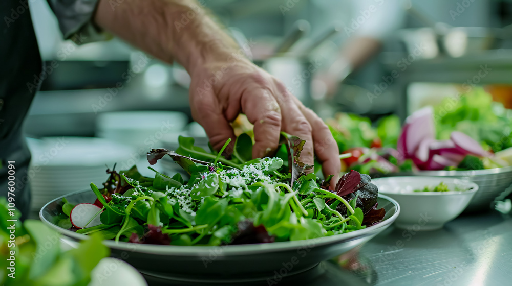 Chef adding sauce to a salad plate, finishing the cooking process in a restaurant kitchen, with the cropped image of the chef in an apron at work. Chef adding sauce to a salad plate, finishing the cooking process in a restaurant kitchen, with the cropped image of the chef in an apron at work.