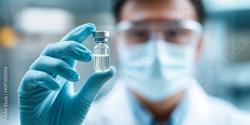 Development of COVID-19 Vaccine by Scientist in Laboratory Holding Glass Vial of Clear Liquid photo