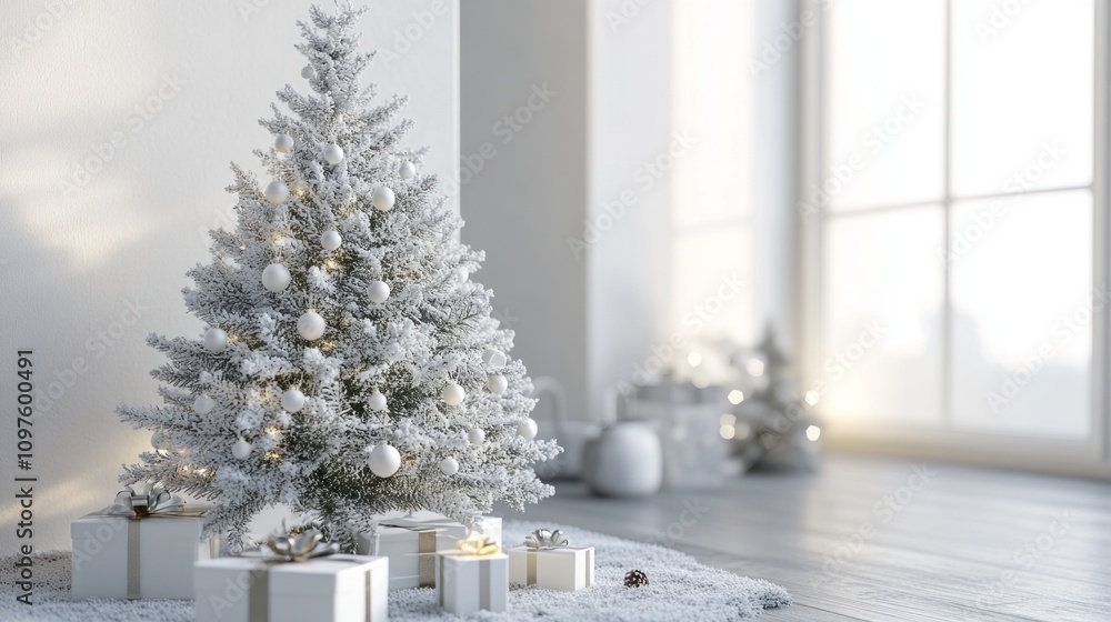 A white Christmas tree with many ornaments and a few presents underneath it A white Christmas tree with many ornaments and a few presents underneath it