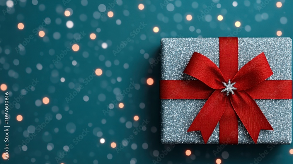 Glittering silver gift box with a brown ribbon and star adornment against a bokeh background. Glittering silver gift box with a brown ribbon and star adornment against a bokeh background.