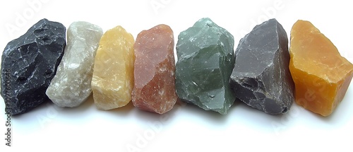 Uncut gemstones in their natural rough state juxtaposed with their cut versions on a white surface 