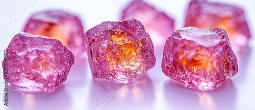 Uncut gemstones in their natural rough state juxtaposed with their cut versions on a white surface 