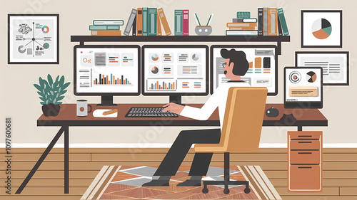 Data scientist working on computer 2D flat art illustration